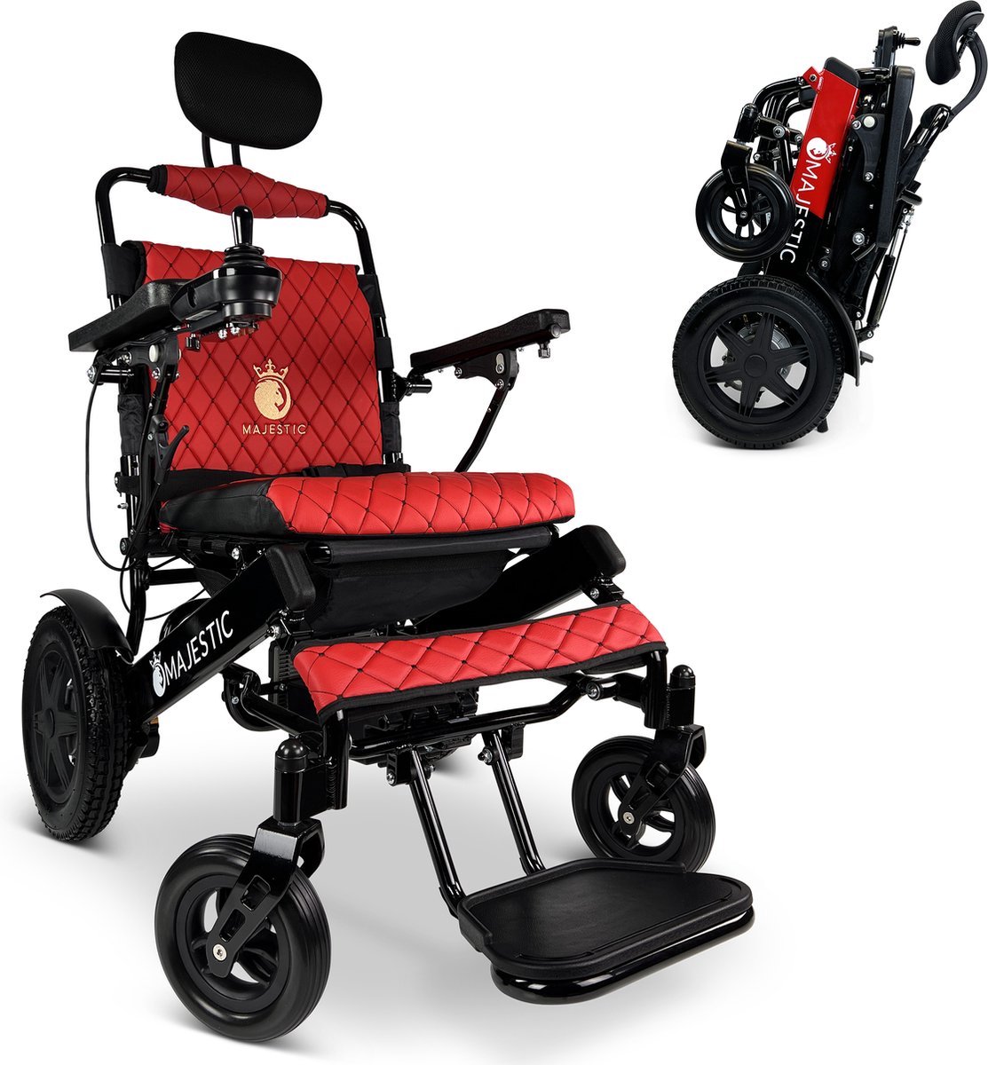 Goedkoopste COMFYGO IQ-9000 AF Elektrische rolstoel, lichtgewicht, draadloze afstandsbediening, tot 30km, Automatisch vouwsysteem met Handmatig achterover leunen, Zwart&Rood frame & Rood leer textiel, Zitbreedte 45cm