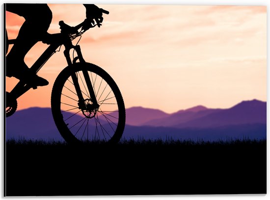 Dibond - Silhouet van Persoon op Mountainbike Fietsend door Berggebied - 40x30 cm Foto op Aluminium (Met Ophangsysteem)