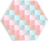 PVC Schuimplaat Hexagon - Blokpatroon van Blauw, Bruin en Roze Vakken - 30x26.1 cm Foto op Hexagon (Met Ophangsysteem)