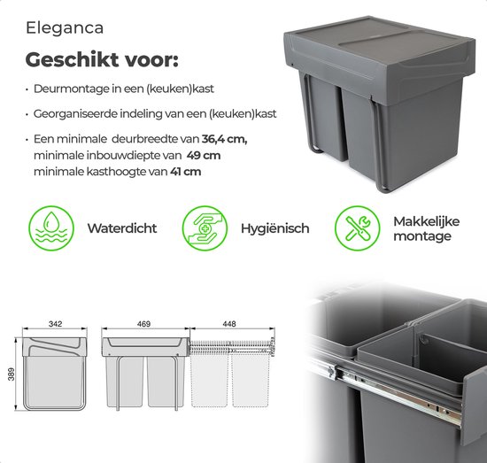 Eleganca Afvalbak 2x20 Liter – Inbouw Prullenbak – Inbouw Afvalemmer –... bol.com