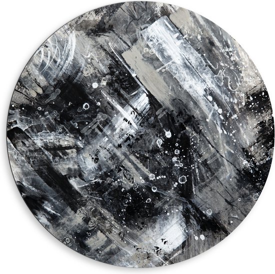 Dibond Muurcirkel - Abstracte Verfmix van Zwart en Wit Tinten - 80x80 cm Foto op Aluminium Muurcirkel (met ophangsysteem)