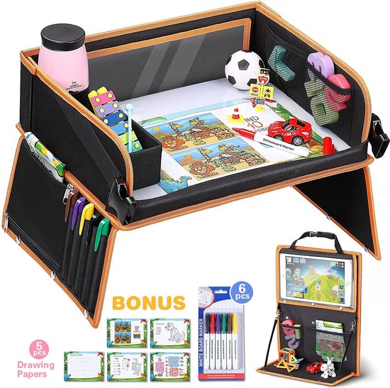 Dubbele functie kinderreistafel, knietablet reistafel (rugleuningbescherming) met transparante tekenfilm, 5 tekenplaten en 6 kleurpotloden - zwart/oranje