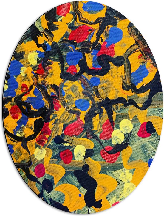 Dibond Ovaal - Bevlekt Patroon van Gele, Rode en Blauwe Vlekken - 51x68 cm Foto op Ovaal (Met Ophangsysteem)