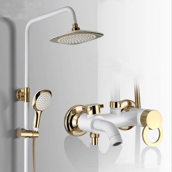 Badkamer Douche Set Kop Kraan Wit Goud Messing Bad Mengkraan Muur