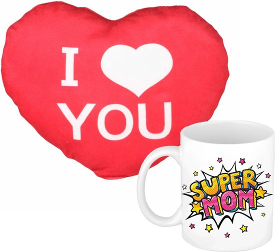 Super maman - mug/tasse - 300 ml - blanc - incl. coussin décoratif en forme de cœur - 12 cm