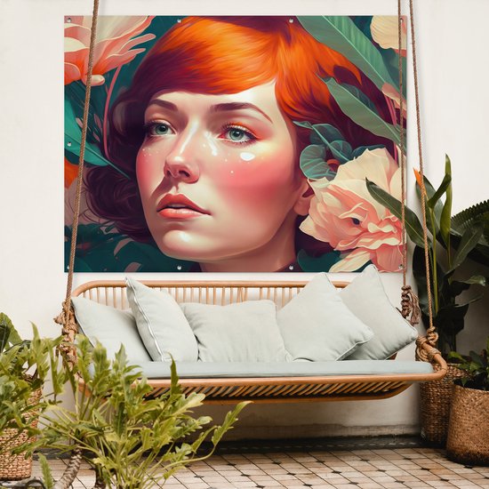 Tuinposter 160x120 cm - Tuindecoratie Portret - Vrouw - Bloemen - Roze - Botanisch - Poster voor in de tuin - Buiten decoratie - Schutting tuinschilderij - Tuindoek muurdecoratie - Wanddecoratie balkondoek
