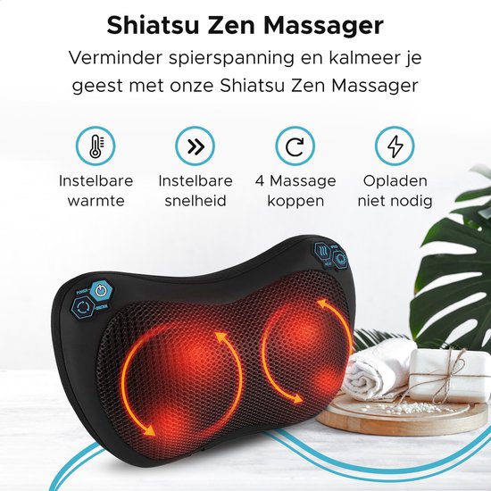 Qumax Massagekussen - Warmte Functie - Elektrisch Shiatsu Massage Kussen - Voor Thuis en Auto - Zwart