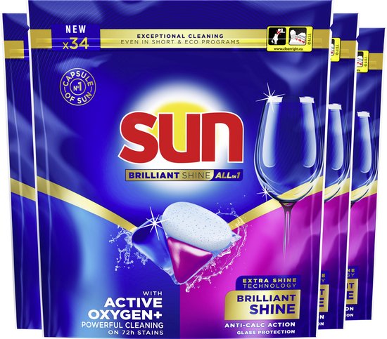 Sun - Vaatwascapsules - Brilliant Shine - All-in 1 -met Active Oxygen+ - 4 x 34 Stuks - Voordeelverpakking