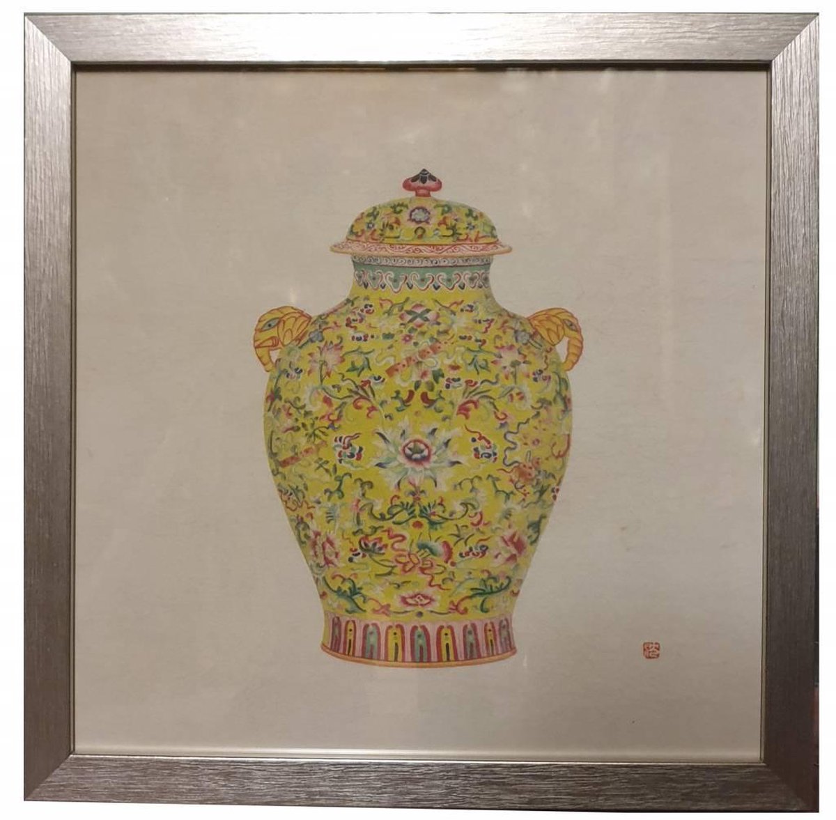 Fine Asianliving Chinees Schilderij met Lijst Chinees Porselein Vaas Geel B35xD3xH35cm