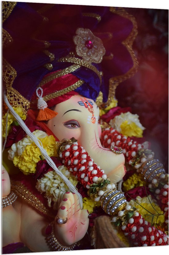 Acrylglas - Foto van Ganesha Beeld in Verschillende Kleuren met Bloemen - 100x150 cm Foto op Acrylglas (Met Ophangsysteem)