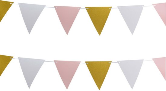 Guirlande de fête d'anniversaire - 2x - paillettes - papier - rose/or/blanc - 6 m - fanions 25 points