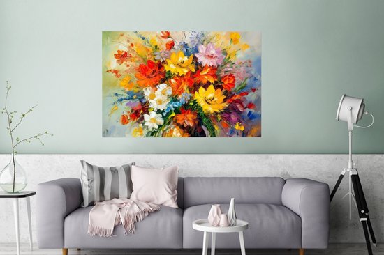Poster Fleurs - Colorées - Peinture à l'huile - Pot de fleurs - 120x80 cm