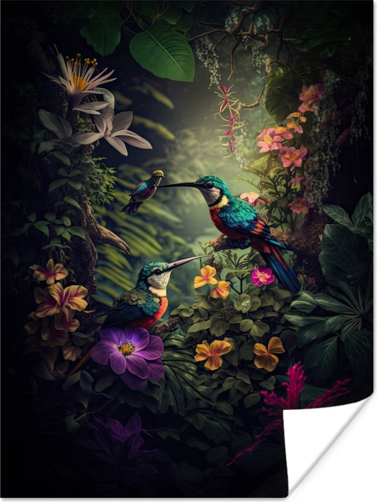 Poster Bloemen - Vogel - Jungle - Planten - 60x80 cm