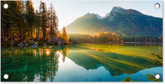 Affiche de jardin Lac - Forêt - Montagnes - Nature - Soleil - Paysage - 60x30 cm - Toile jardin - Affiche extérieure