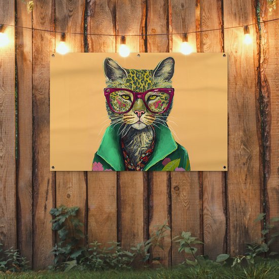 Affiche jardin - Toile jardin - Posters de jardin extérieur - Animaux - Chat - Lunettes - Fleurs - Hippie - 120x80 cm - Jardin