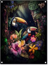Tuinschilderij Toekan - Bloemen - Planten - Jungle - 60x80 cm - Tuinposter - Tuindoek - Buitenposter