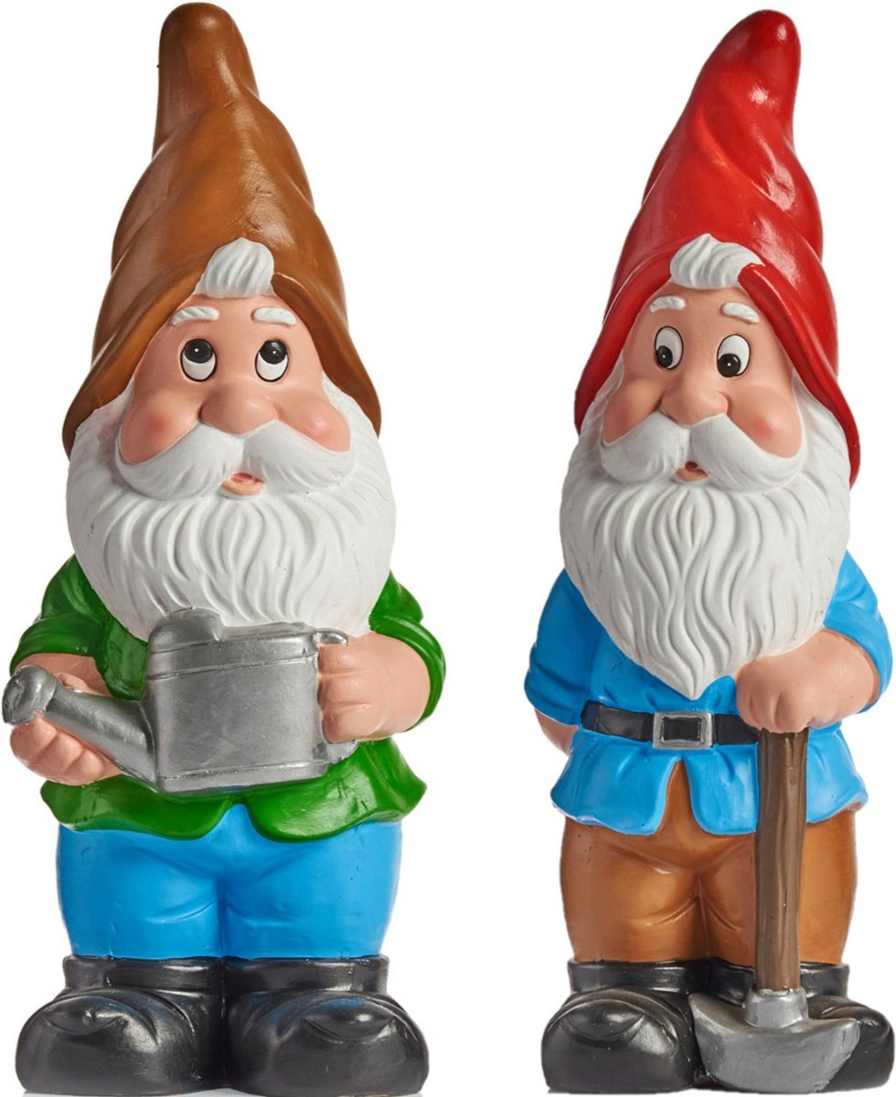Tuinkabouter beeldjes - set van 2x - Keramiek - 38 cm - bruin/rood