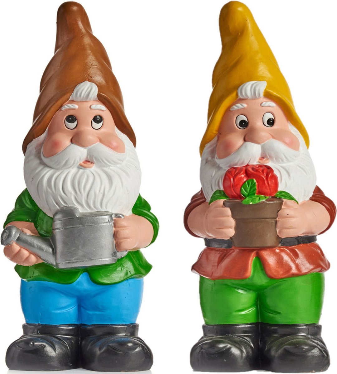 Tuinkabouter beeldjes - set van 2x - Keramiek - 38 cm - bruin/geel -