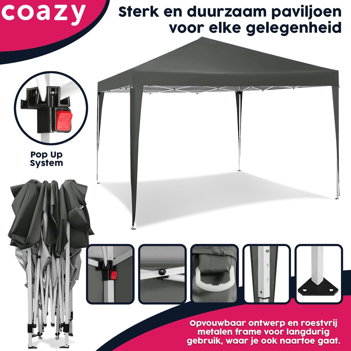 Paviljoen, 3x3, vouwpaviljoen, waterdichte partytent, 420D Oxford, uv-bescherming 50 , tuintent, incl. zandzak, geslepen nagels, opbergtas, paviljoens voor tuin, feest, bruiloft, grijs