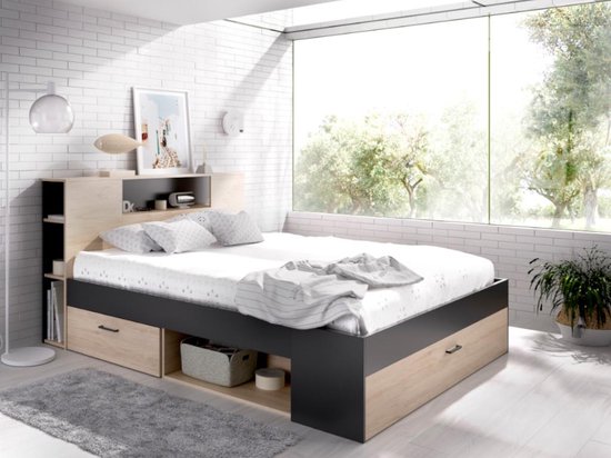 Gestoffeerd bed, tweepersoonsbed, 160 x 200 cm, met led en USB-laadstation, hydraulisch bed 140 x 200 met bedlade en lattenbodem, hoofdeinde met opbergvak, boxspringbed, opbergbed, jeugdbed, PU (160 x