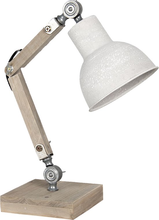 HAES DECO - Bureaulamp - Industrial - Vintage / Retro Lamp, formaat 15x15x47 cm - Bruin / Wit Hout en Metaal - Tafellamp, Sfeerlamp