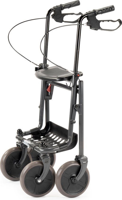 Opgevouwen grijze rollator met mandje en dienblad.