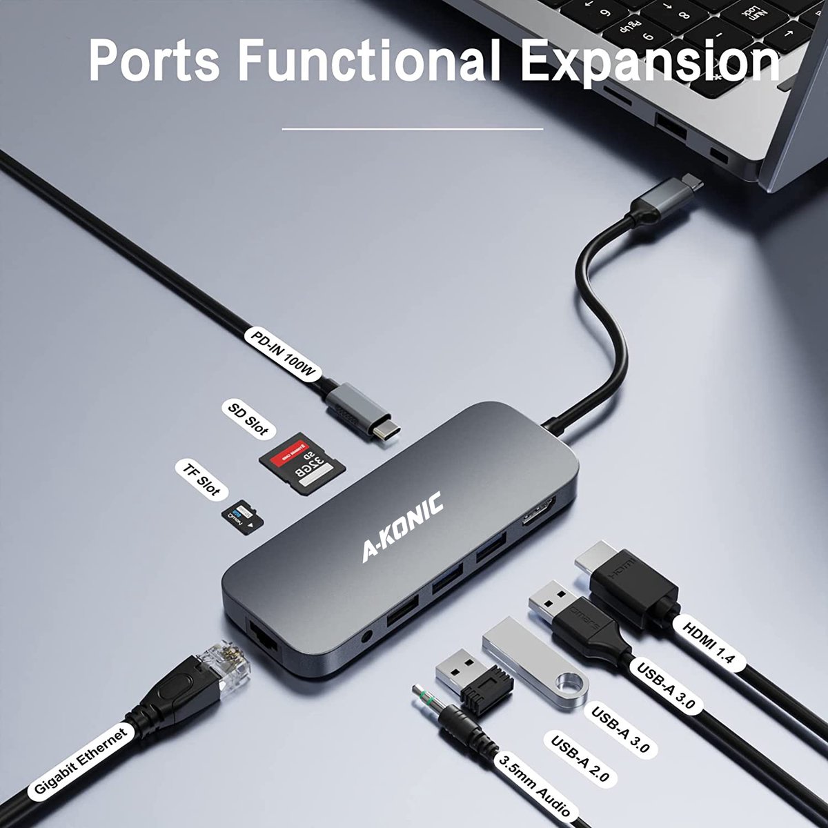 AKONIC© USB C Docking Station met HDMI, RJ45, 100W opladen