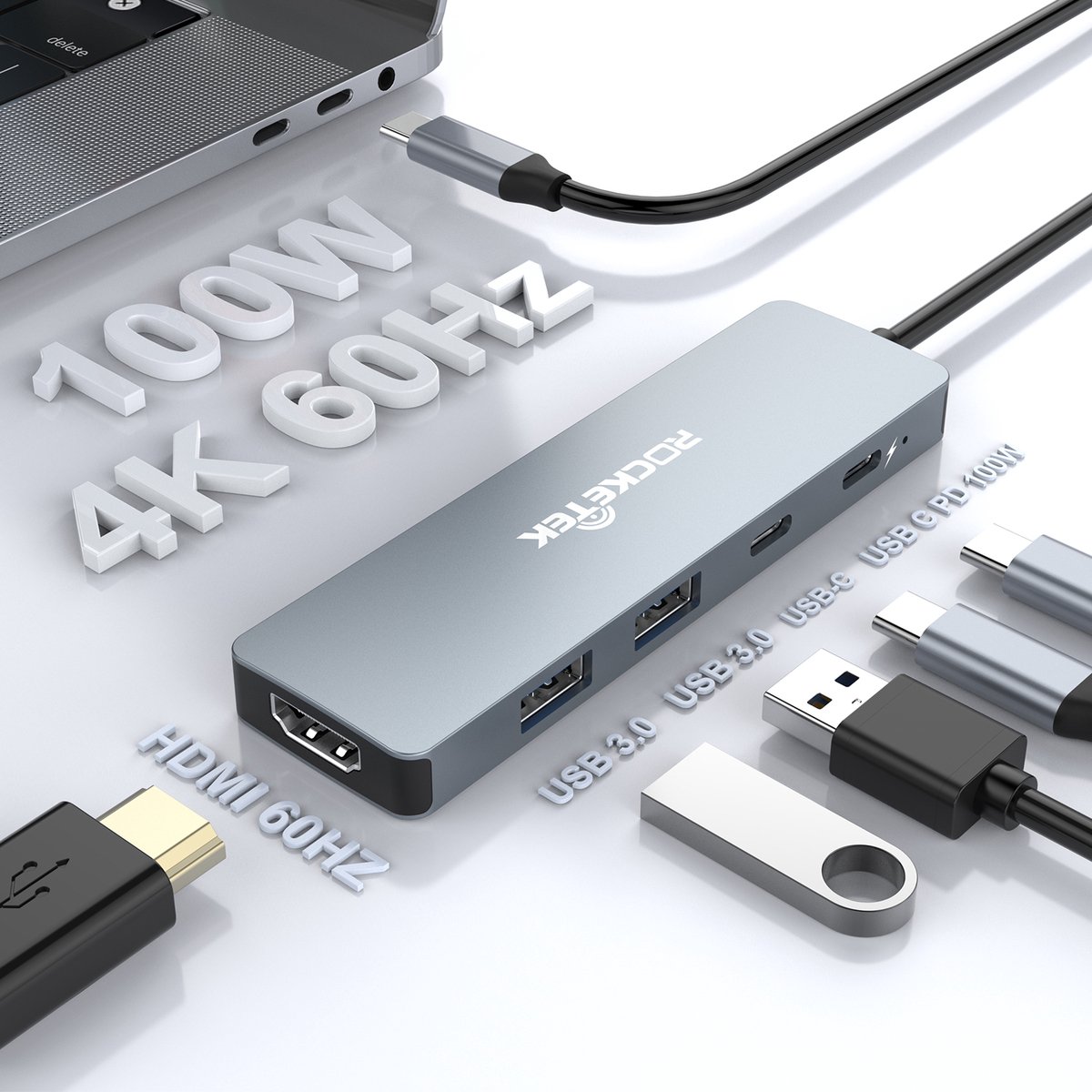 NÖRDIC - DOCK-166 - 1 naar 5 HDMiUSB-C Dockingstation - HDMI 4K60Hz - USB-C Opladen 100W - USB-C 5Gb/s - 2xUSB-A 5Gb/s - Zilvergrijs