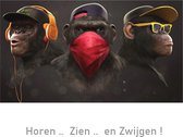 Allernieuwste.nl® Canvas Schilderij 3 Apen: Horen-Zien-Zwijgen GangsterArt - Modern Graffiti - Dieren - Poster - 60 x 120 cm Kleur