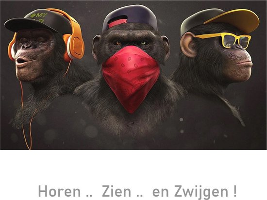 Allernieuwste.nl® Peinture sur Toile 3 Singes: Hear-See-Speak No Evil GangsterArt - Graffiti Moderne - Animaux - Affiche - 60 x 120 cm Couleur