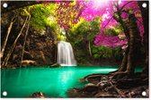 Tuinposter waterval - Bomen - Bladeren - Roze - Natuur - Tuinschilderij voor buiten - Tuindecoratie - Schutting decoratie - 60x40 cm - Tuin - Tuindoek - Schuttingdoek - Tuinposters