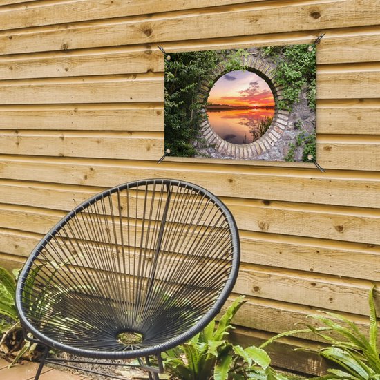 Affiche de jardin - Lac - Vue à travers - Soleil - Water - Toile de clôture - 60x40 cm - Peinture de jardin - Toile de jardin