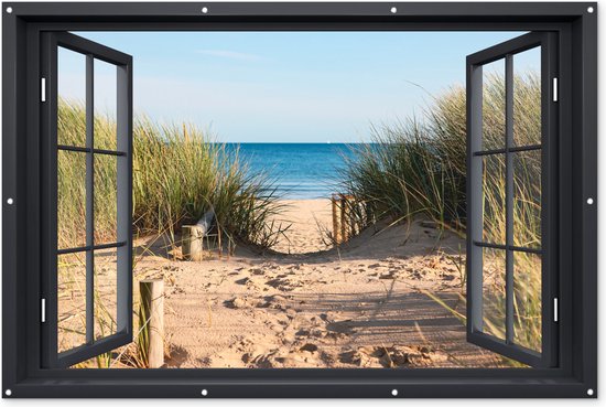 tuinposter - 90x65 cm - doorkijk gat in rots - overgang duinen