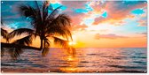Tuinposter zonsondergang beach - Tuindecoratie strand met palmbomen - 200x100 cm - Tuinschilderij voor buiten - Tuindoek zee tropisch - Wanddecoratie tuin - Schuttingdoek - Balkon decoratie - Muurdecoratie - Buitenschilderij