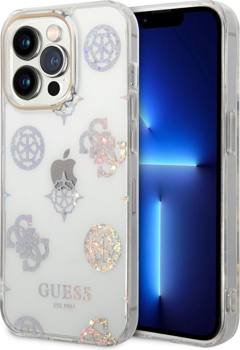 Guess 4G Peony Glitter Back Case - Geschikt voor Apple iPhone 14 Pro (6.1") - Transparant