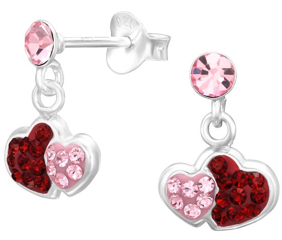Joy|S - Zilveren hartje oorbellen - hartjes bedel oorknoppen - rood roze kristal