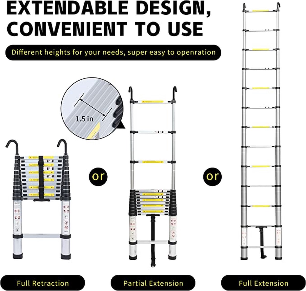 aluminium telescopische ladder, inklapbaar, uittrekbare ladder met stabilisator, hoogwaardige vouwladder en opvouwbare aluminium ladder, 2.9m