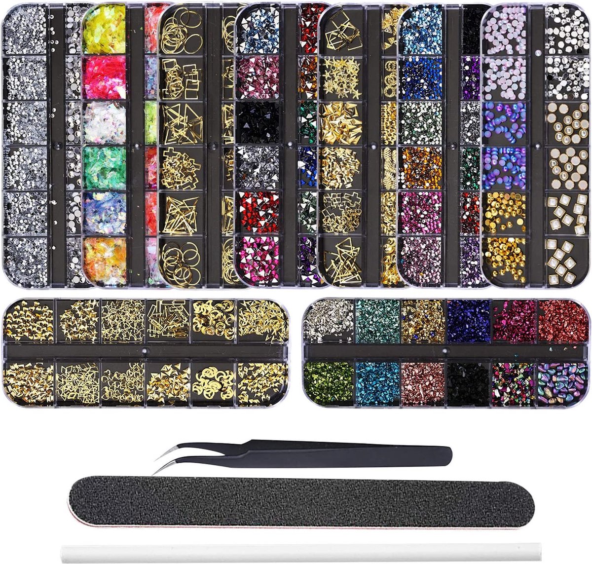 Goedkoopste 9 Dozen Steentjes voor Nageldecoraties Nageldiamanten Glitter Gouden Studs, Nagelkunst Edelstenen Maanster Vormige Metalen Klinknagels met Pincet, Plukpen en Nagelvijl voor Nagelkunstbenodigdheden (19-27