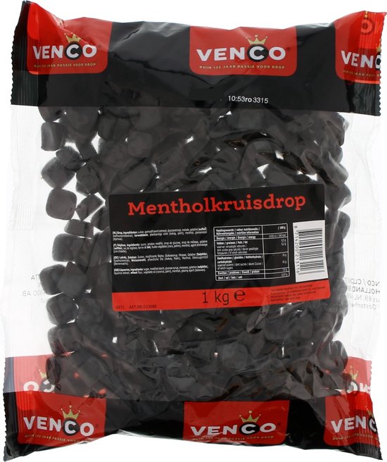 1kg zak Venco mentholkruisdrop, zwart.