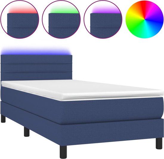 vidaXL - Boxspring - met - matras - en - LED - stof - blauw - 90x190 - cm