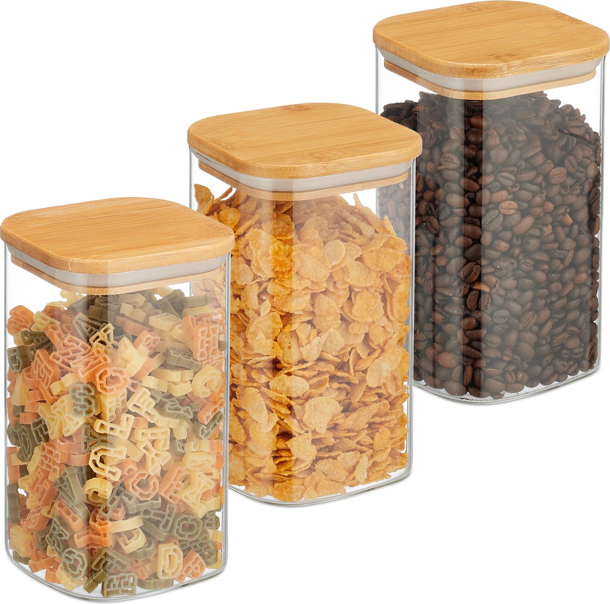 voorraadpot set van 3 - 1200 ml - glas - met bamboe deksel - luchtdicht