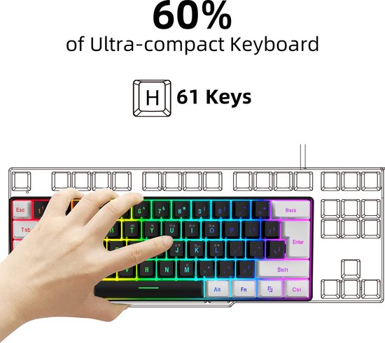 HXSJ V700 Gaming Tastatur und Maus Set,60% Kompakte Tastatur,61 Tasten,TKL Layout,RGB-Beleuchtung,Optische Gaming-Sensormaus mit 7 Tasten,7-Farbiges LED-Licht,Bis zu 3600 DPI,für PC,Mac-Schwarz