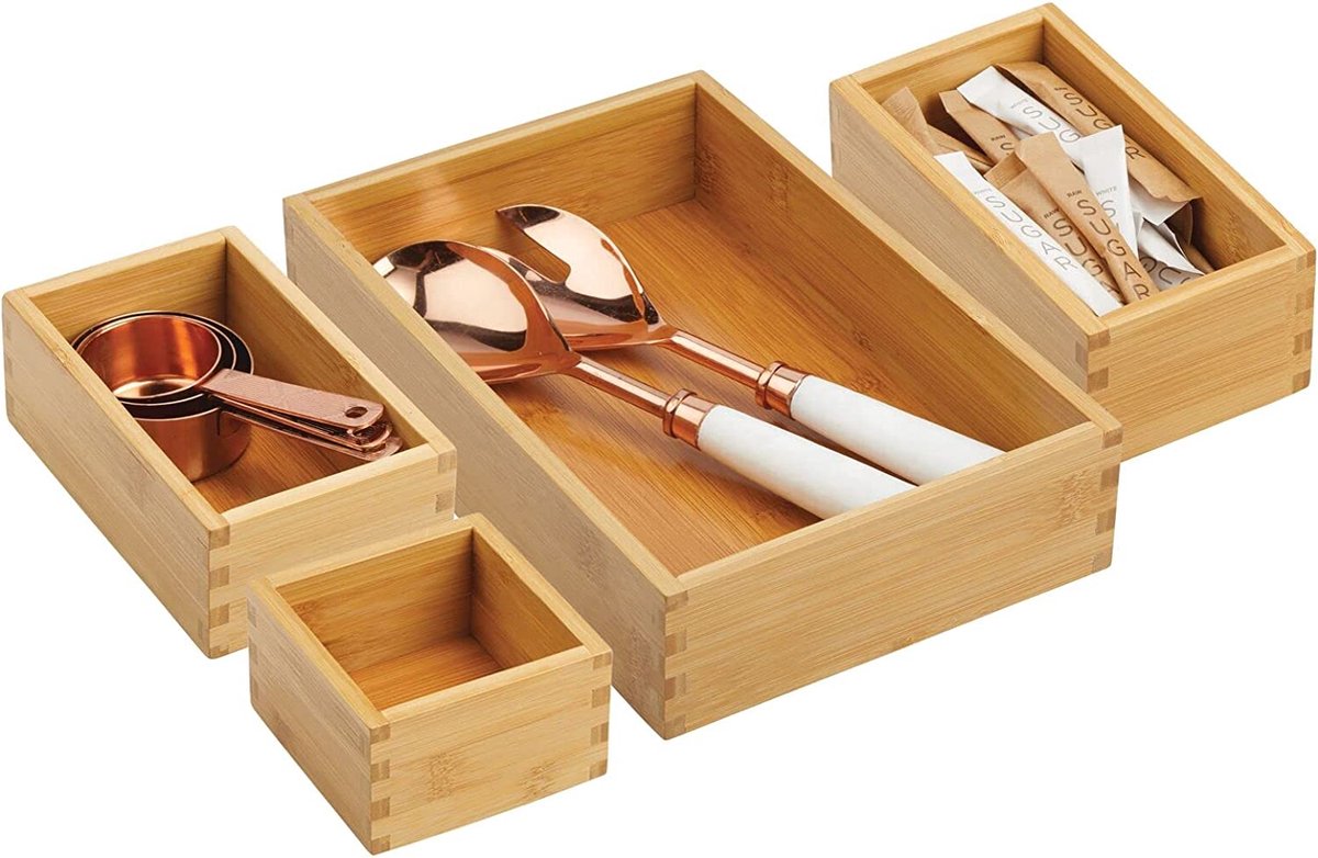mDesign Opbergdoos voor de keuken – ladenbox van bamboe in verschillende maten – stapelbare lade-organizer voor bestek en keukengerei – set van 4 – natuurlijke kleuren