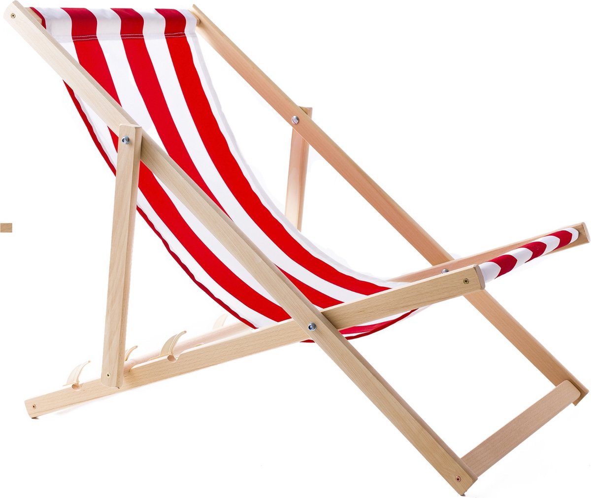 WOODOK - Houten ligstoel gemaakt van hoogwaardig beukenhout met drie verstelbare rugleuningposities / Strandbed - Rood met wit