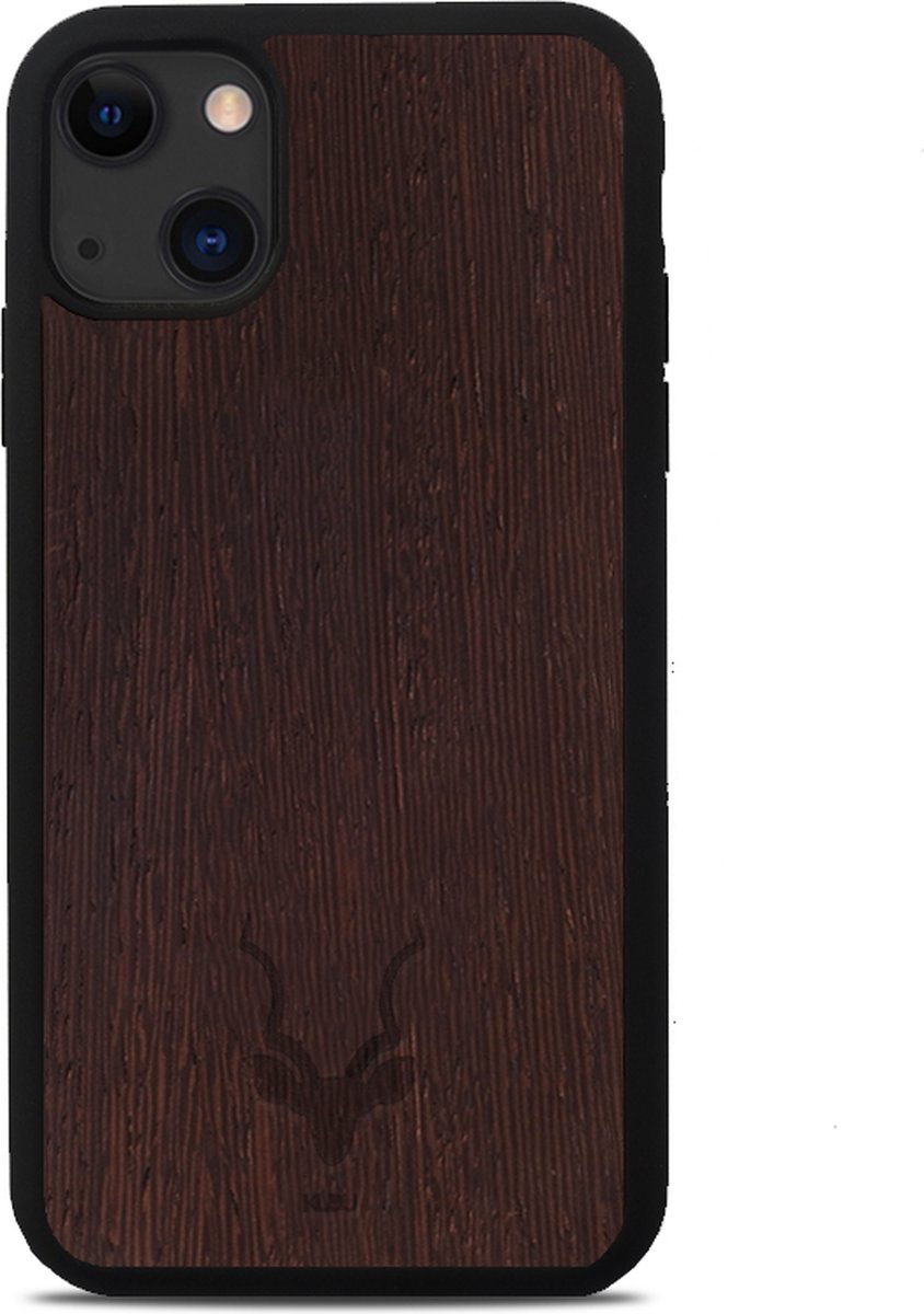 Kudu iPhone 14 hoesje case - Houten backcover - Handgemaakt en afgewerkt met duurzaam TPU - Wengé - Zwart