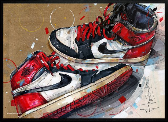Jordan 1 bout noir lacets rouges peinture (reproduction) 51x71cm | bol