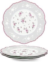 Set van 4 dessertborden van porselein, diameter 208 mm, ontbijtborden met gouden rand, roze bloemen, tafelservies voor Kerstmis, cadeau en huishouden