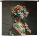 Wandkleed - Wanddoek - Vrouw - Bloemen - Oranje - Portret - Asian - 90x90 cm - Wandtapijt