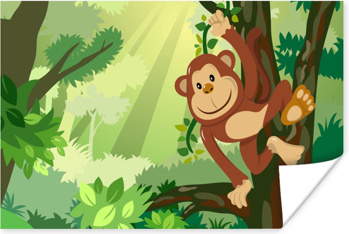 Poster Aap - Jungle - Jongens - Meisjes - Bloemen - Kids - 120x80 cm - Poster Babykamer
