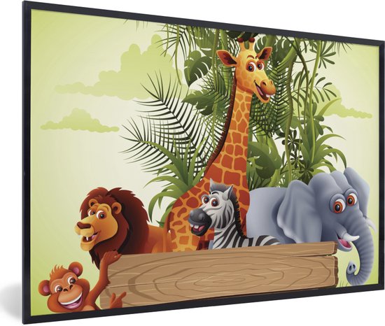 Fotolijst incl. Poster - Jungle dieren - Natuur - Planken - Kinderen - Giraffe - 120x80 cm - Posterlijst